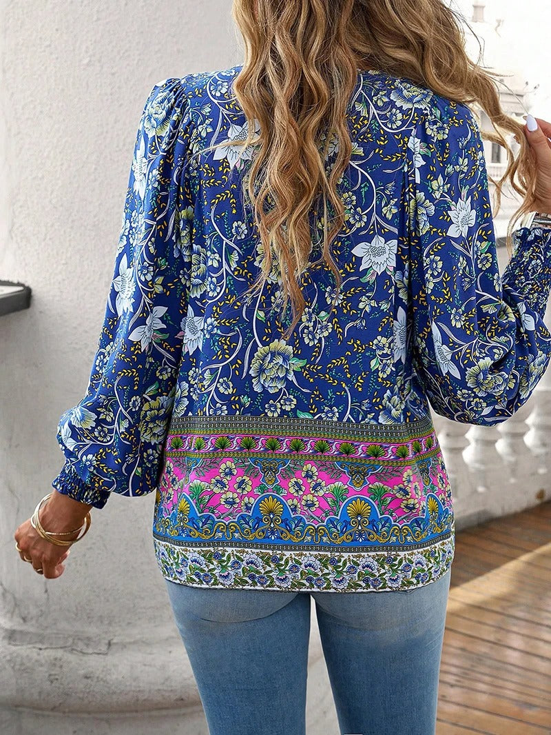 Women's Summer Floral Blouse with V-neck and Long Sleeve