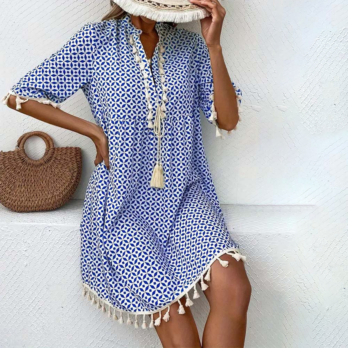 Women's Summer Printed Mini Dress with Tassels and Short Sleeves
