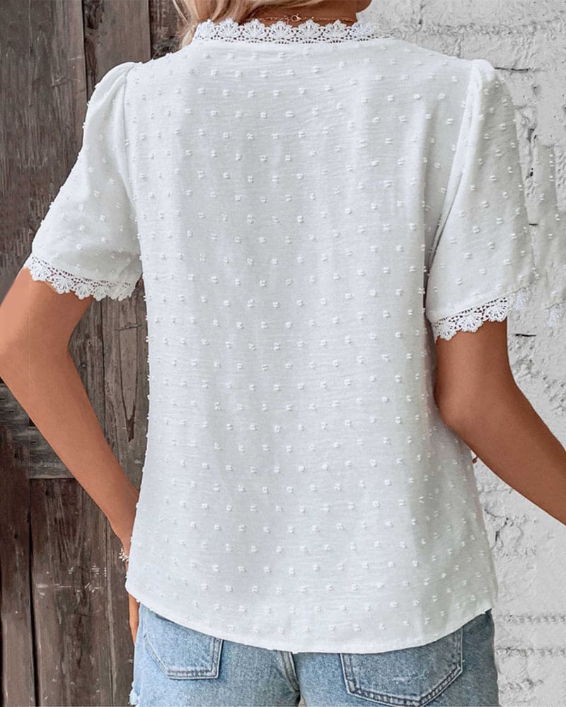 Women's Summer Embroidered Blouse with V-neck and Laces