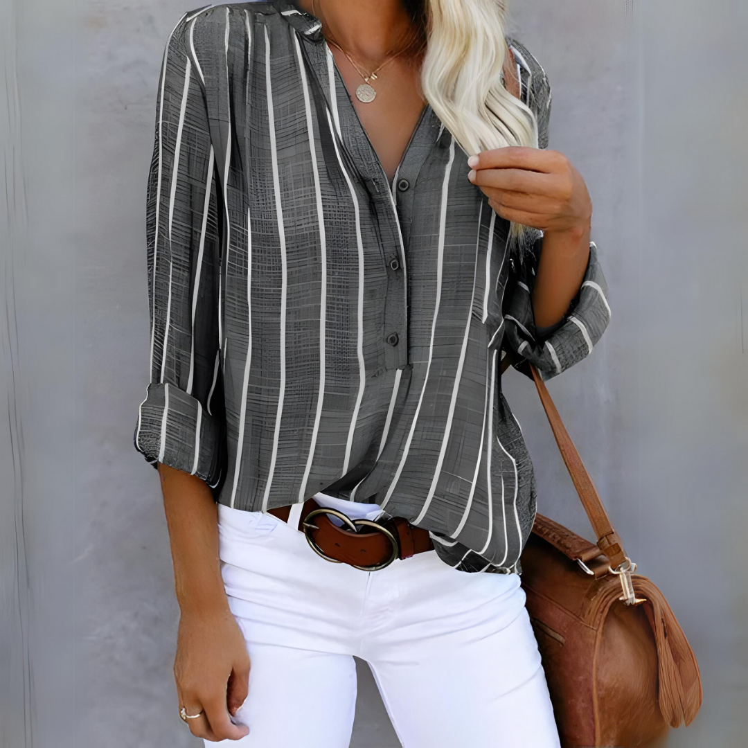 Women's Summer Long Sleeve Blouse with Striped and Buttons
