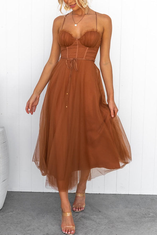 Women's Summer Corset Midi Dress with Tulle Skirt and Spaghetti Straps