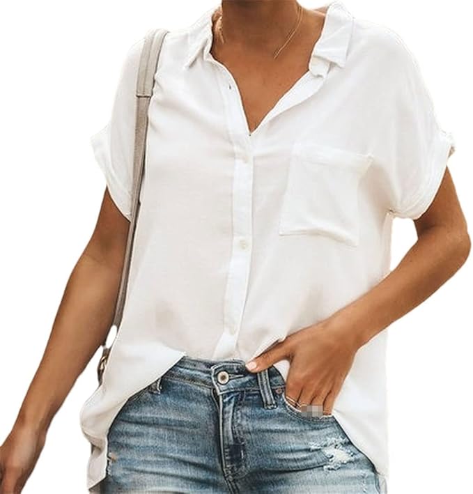 Women's Summer Short Sleeve Blouse with Buttons and Chest Pocket