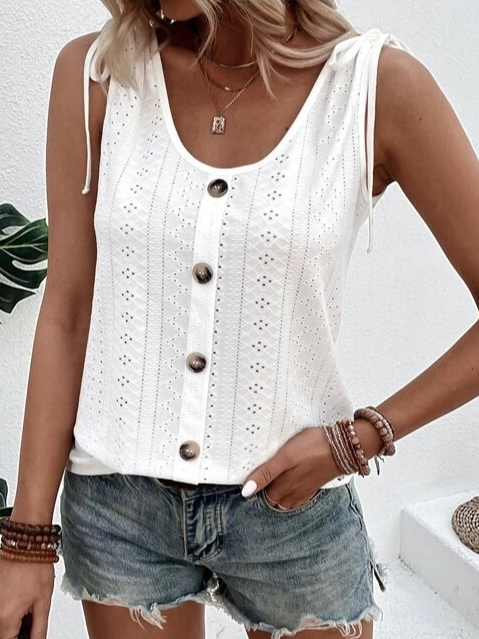 Women's Summer Sleeveless Eyelet Blouse with Buttons and Drawstring