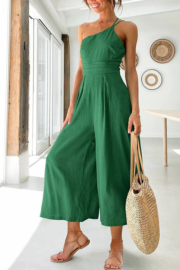 Women's Summer Jumpsuit with Asymmetrical Style and Pleats Front