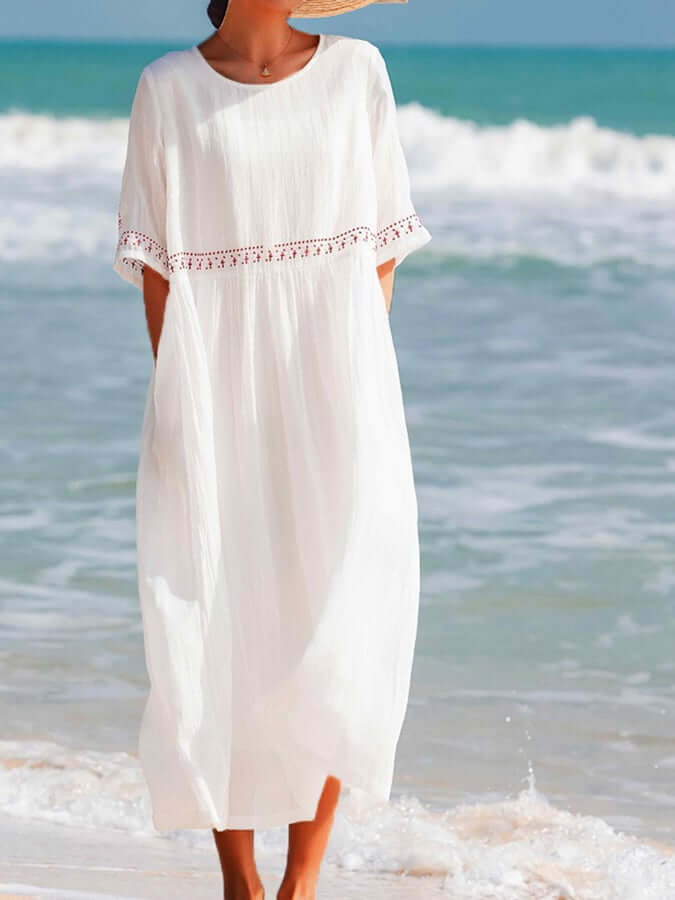 Women's Summer Midi Dress with Half Sleeves and Embroidered
