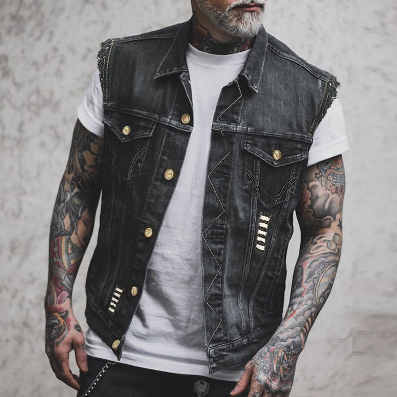 Men's Denim Vest with Gold Buttons and Ripped Style