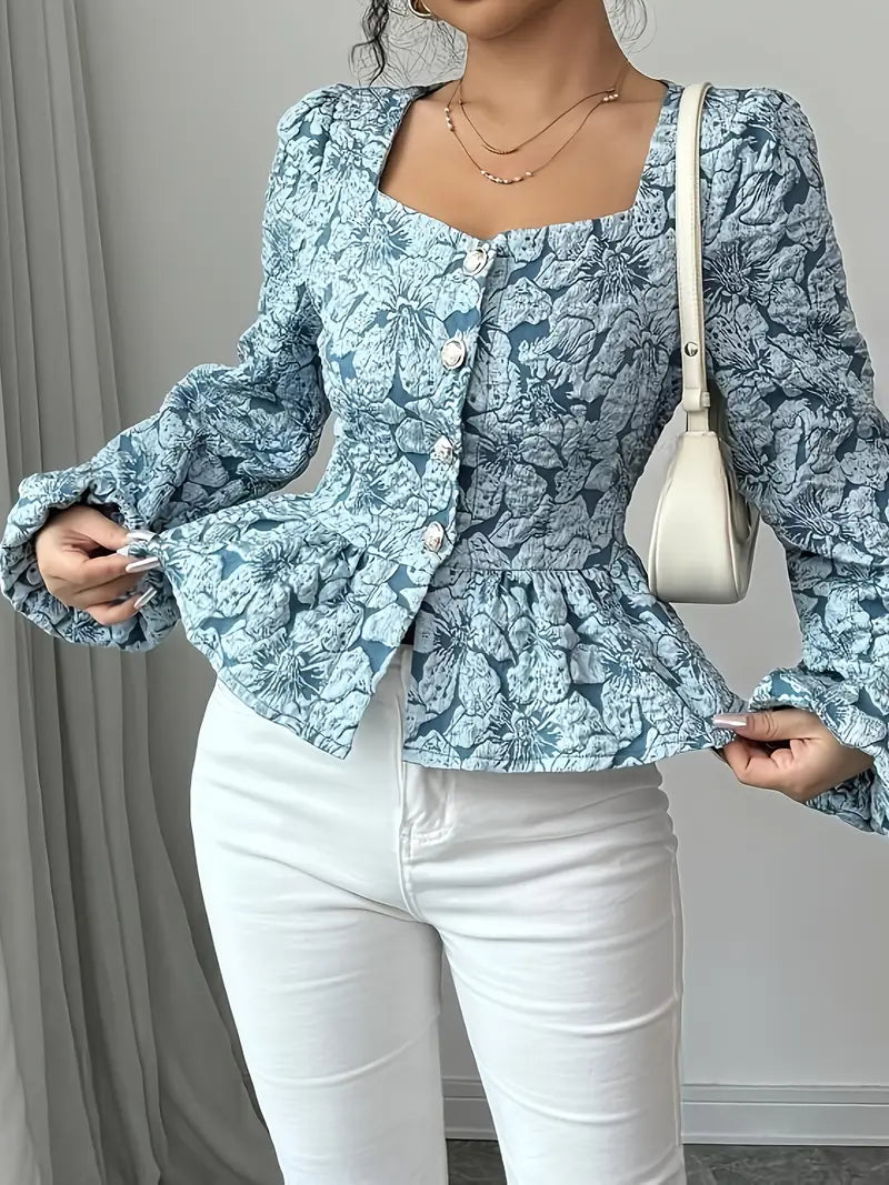 Women's Floral Jacquard Blouse with Square Neckline and Long Sleeves