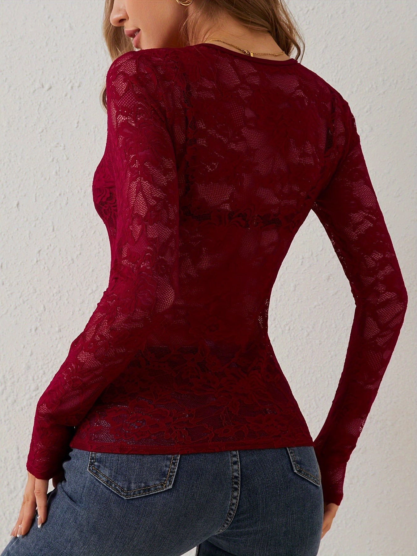 Women's Lace Blouse with Long Sleeve and Sheer Details