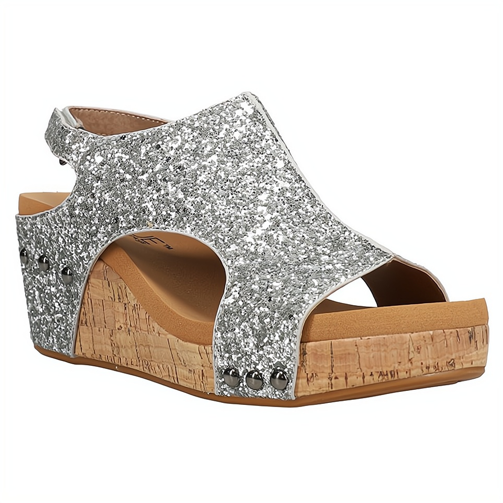Women's Summer Cutout Wedge Sandals with Stud Accents and Glitters