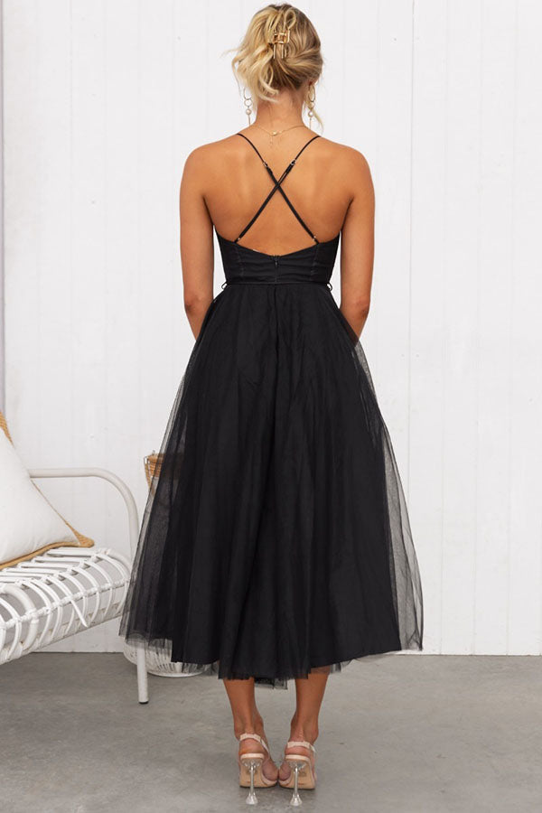 Women's Summer Corset Midi Dress with Tulle Skirt and Spaghetti Straps
