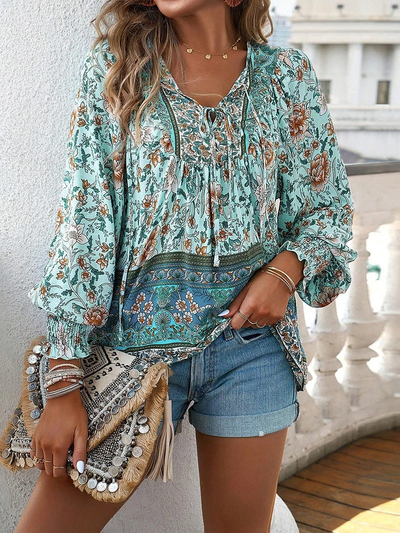 Women's Summer Floral Blouse with V-neck and Long Sleeve