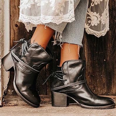 Women's Ankle Boots with Block Heels and Wraparound Lace