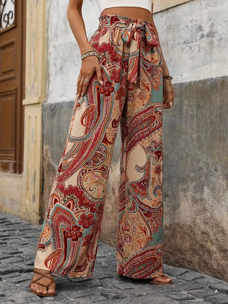 Women's Summer Boho Pants with Belt and Straight Leg