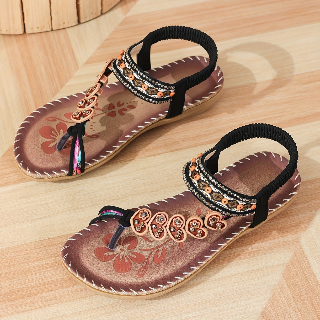 Women's Summer Beaded Sandals with Embroidered Strap and Printed Insole