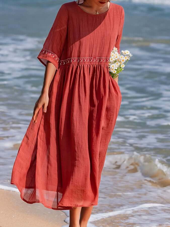 Women's Summer Midi Dress with Half Sleeves and Embroidered