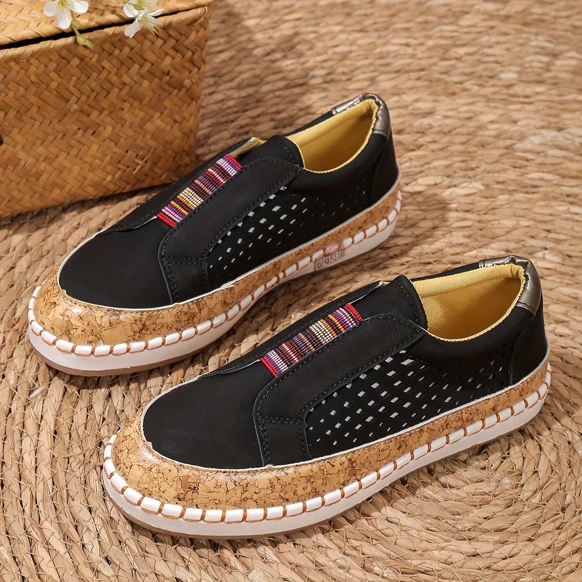 Women's Slip-On Loafers with Multicolor Elastic Band and Perforated Detail