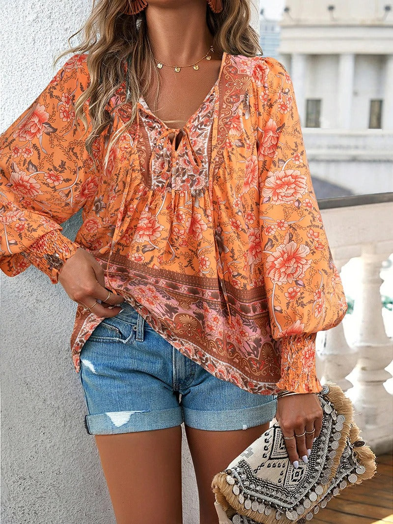 Women's Summer Floral Blouse with V-neck and Long Sleeve