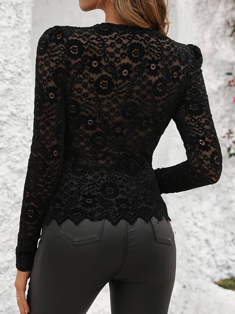 Women's Lace Blouse with Long Sleeve and Heart Buttons Detail