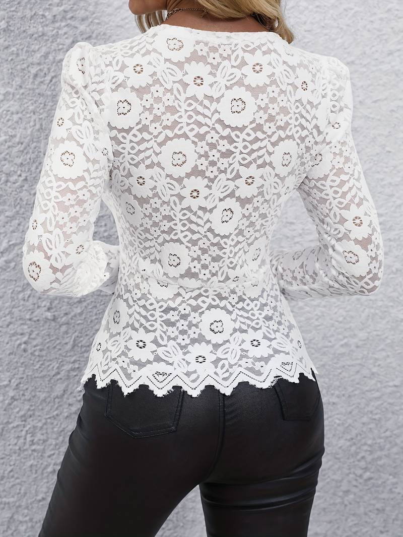 Women's Lace Blouse with Long Sleeve and Heart Buttons Detail
