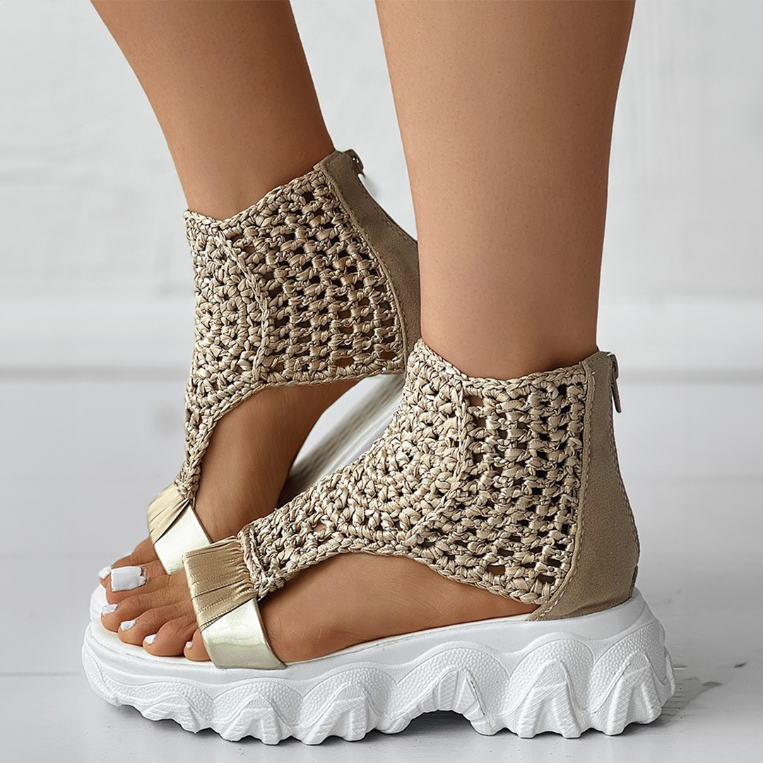 Women's Summer Open-Toe Platform Sandals with Knitted Upper and Thick Sole