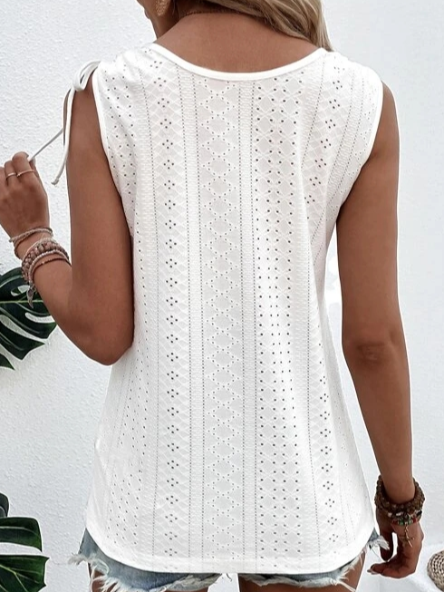 Women's Summer Sleeveless Eyelet Blouse with Buttons and Drawstring
