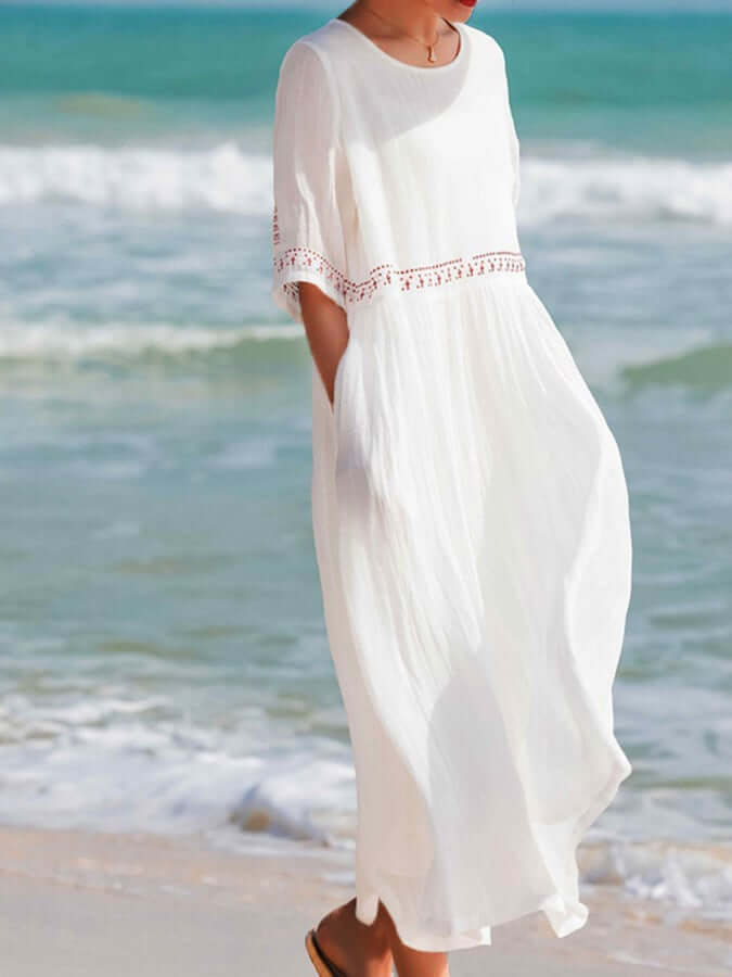 Women's Summer Midi Dress with Half Sleeves and Embroidered