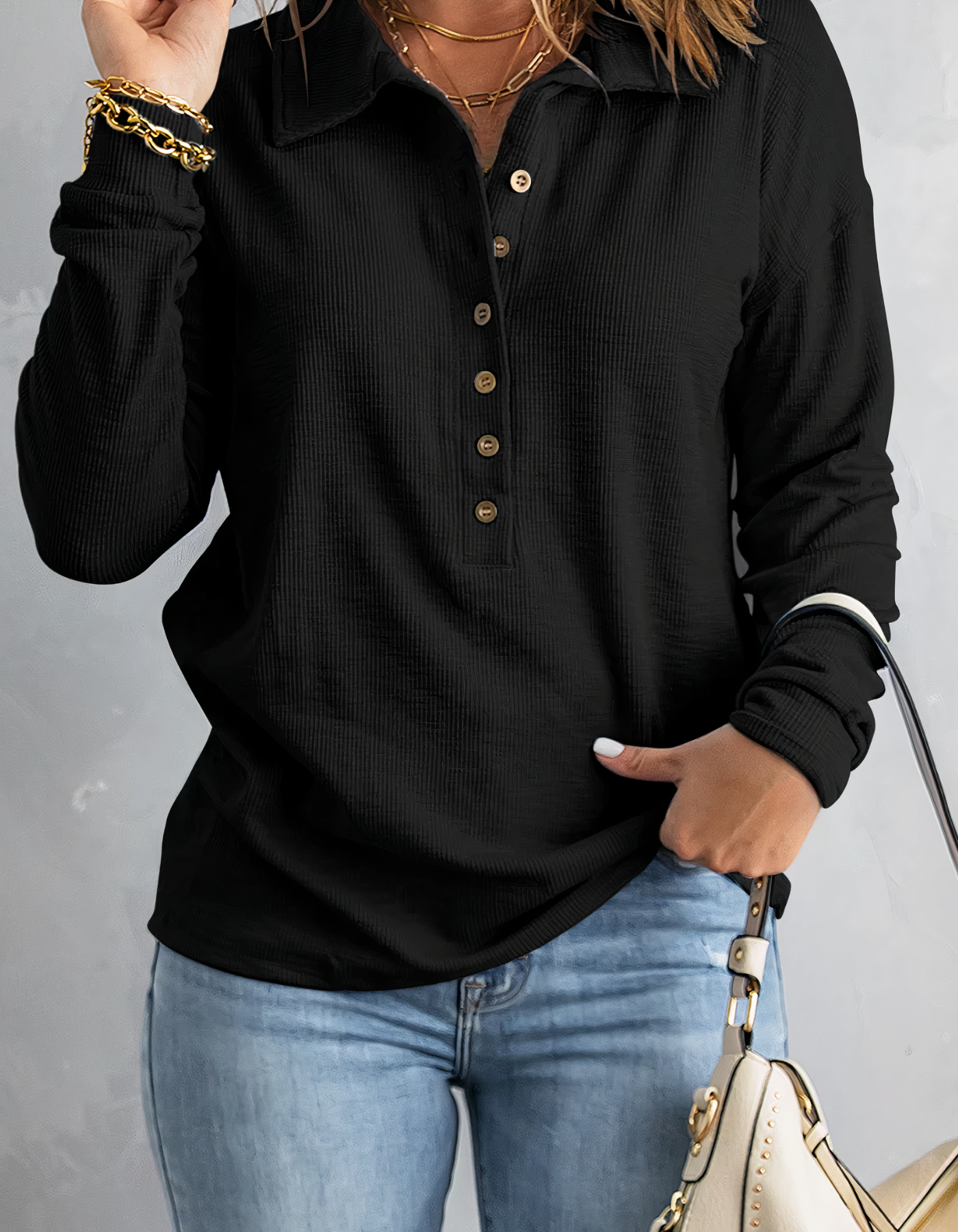 Women's Ribbed Polo Shirt with Long Sleeve and Buttons