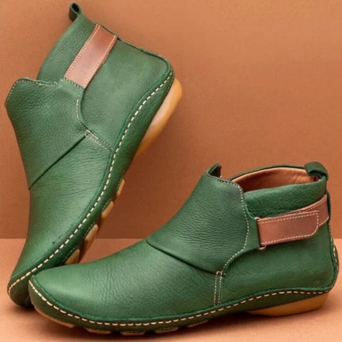 Women's Vegan Leather Ankle Boots with Side Strap and Stitch Detailing