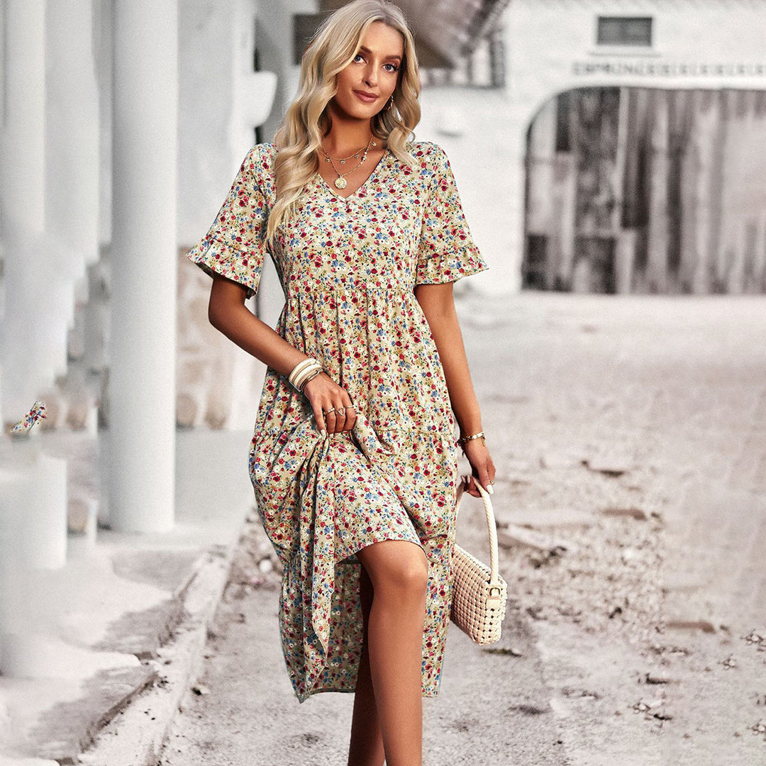 Women's Summer Floral Midi Dress with Short Sleeves and V-neckline
