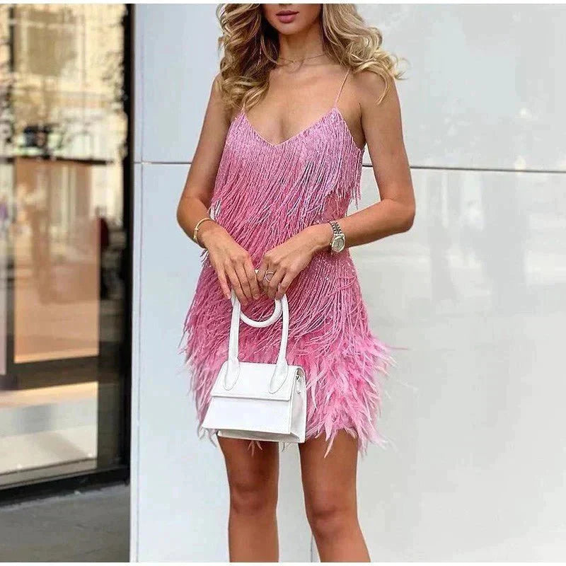 Women's Summer Evening Mini Dress with Sequined and Feather Style