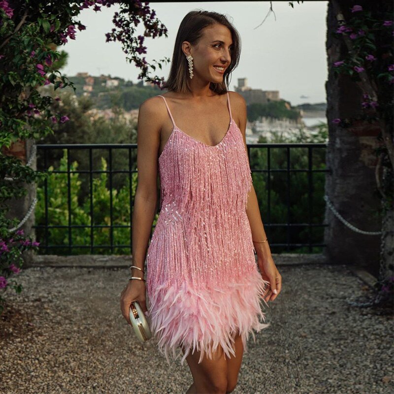 Women's Summer Evening Mini Dress with Sequined and Feather Style