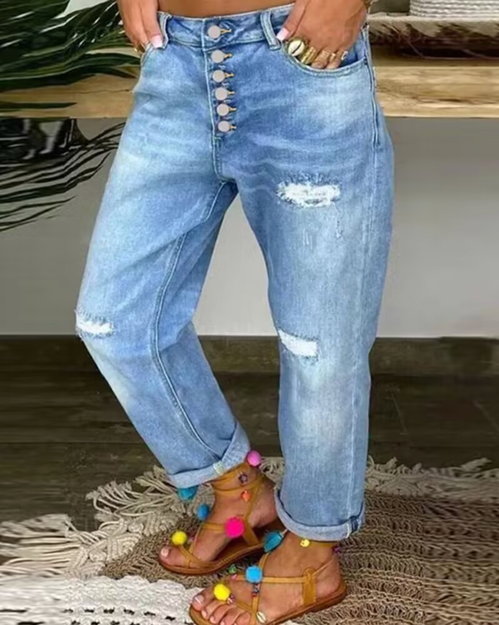 Women's Folded Hem Denim Pants with Tattered Style and High Waist Buttons