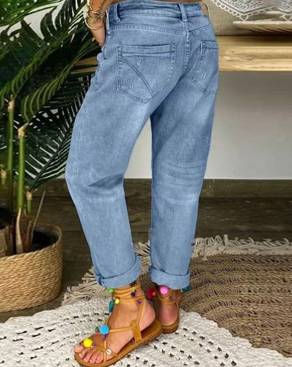Women's Folded Hem Denim Pants with Tattered Style and High Waist Buttons
