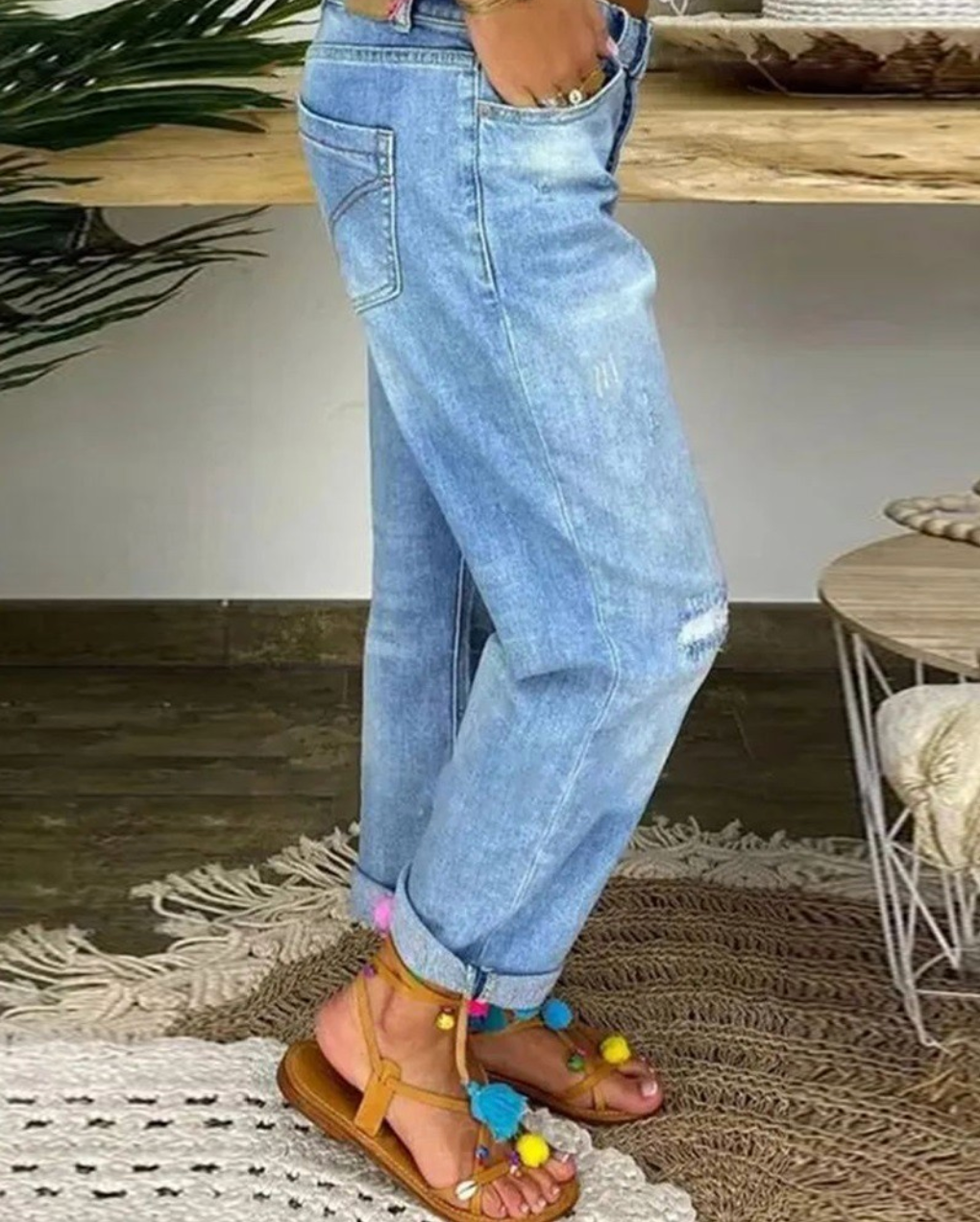 Women's Folded Hem Denim Pants with Tattered Style and High Waist Buttons