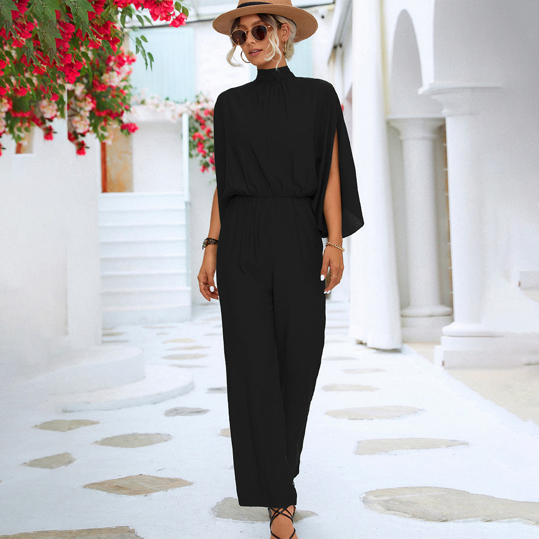Women' Summer Jumpsuit with High Neck and Slit Sleeves
