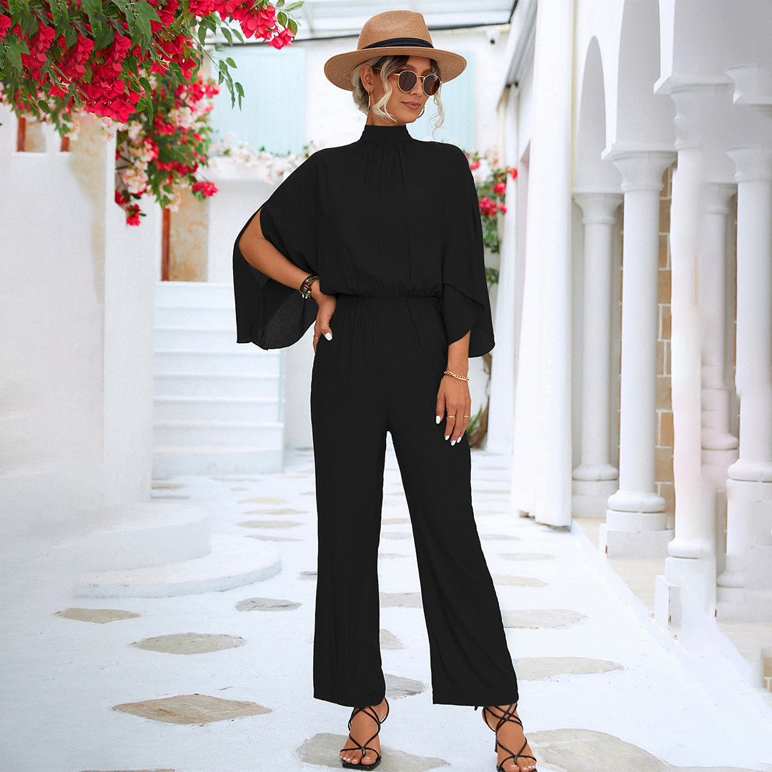 Women' Summer Jumpsuit with High Neck and Slit Sleeves