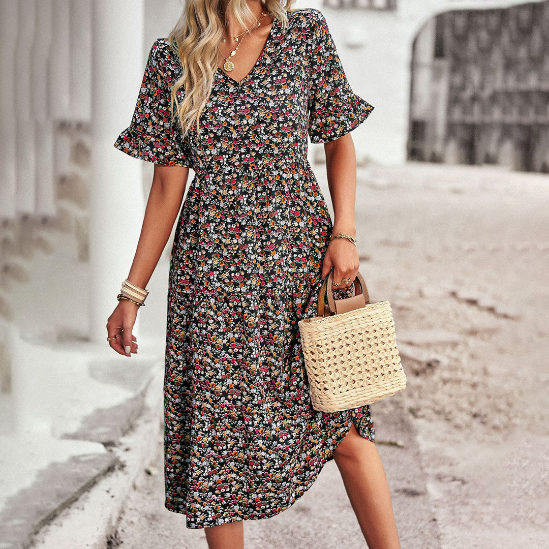 Women's Summer Floral Midi Dress with Short Sleeves and V-neckline