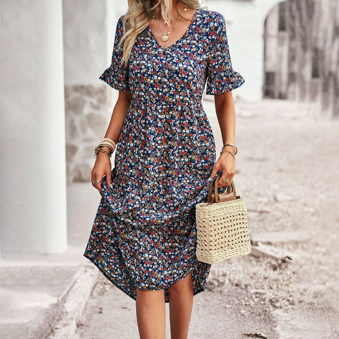 Women's Summer Floral Midi Dress with Short Sleeves and V-neckline