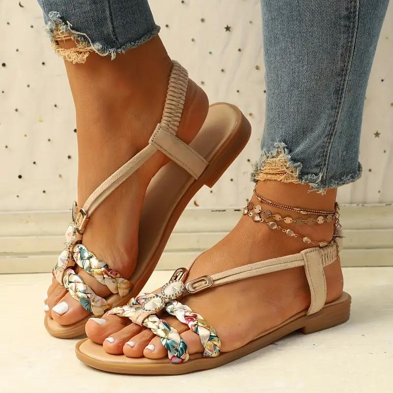 Women's Summer Multicolor Braided Strap Sandals with Gem Accents