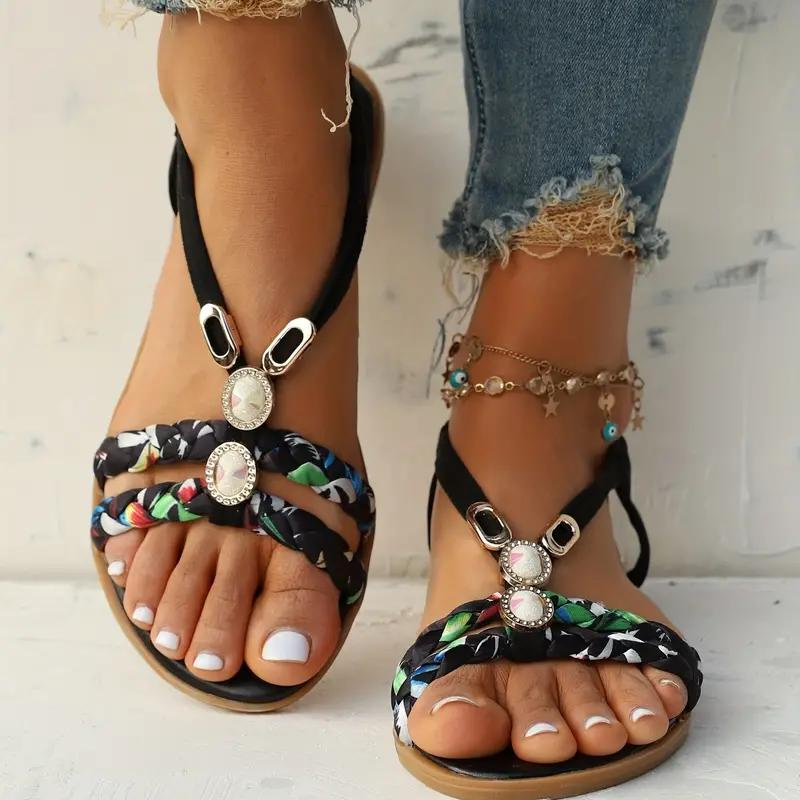Women's Summer Multicolor Braided Strap Sandals with Gem Accents