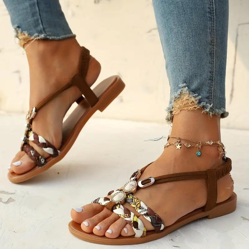 Women's Summer Multicolor Braided Strap Sandals with Gem Accents