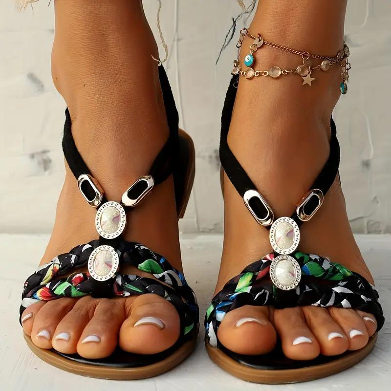 Women's Summer Multicolor Braided Strap Sandals with Gem Accents