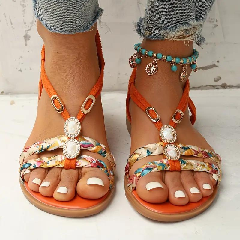 Women's Summer Multicolor Braided Strap Sandals with Gem Accents