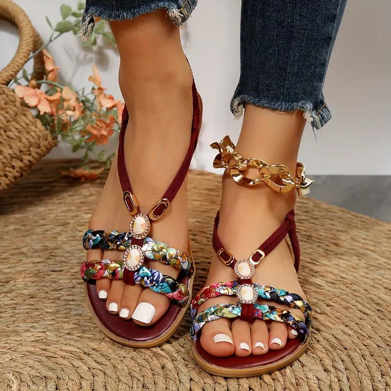 Women's Summer Multicolor Braided Strap Sandals with Gem Accents