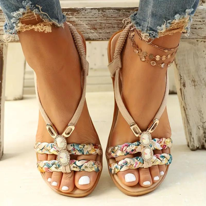 Women's Summer Multicolor Braided Strap Sandals with Gem Accents