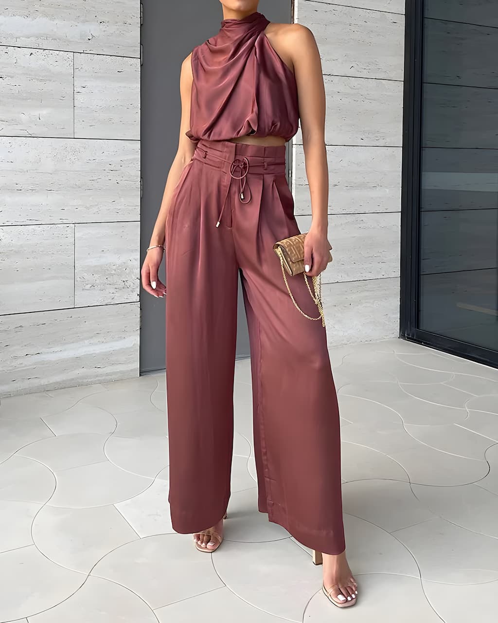 Women's Summer Two Piece Set with Halter Neck Top and High-Waisted Pants