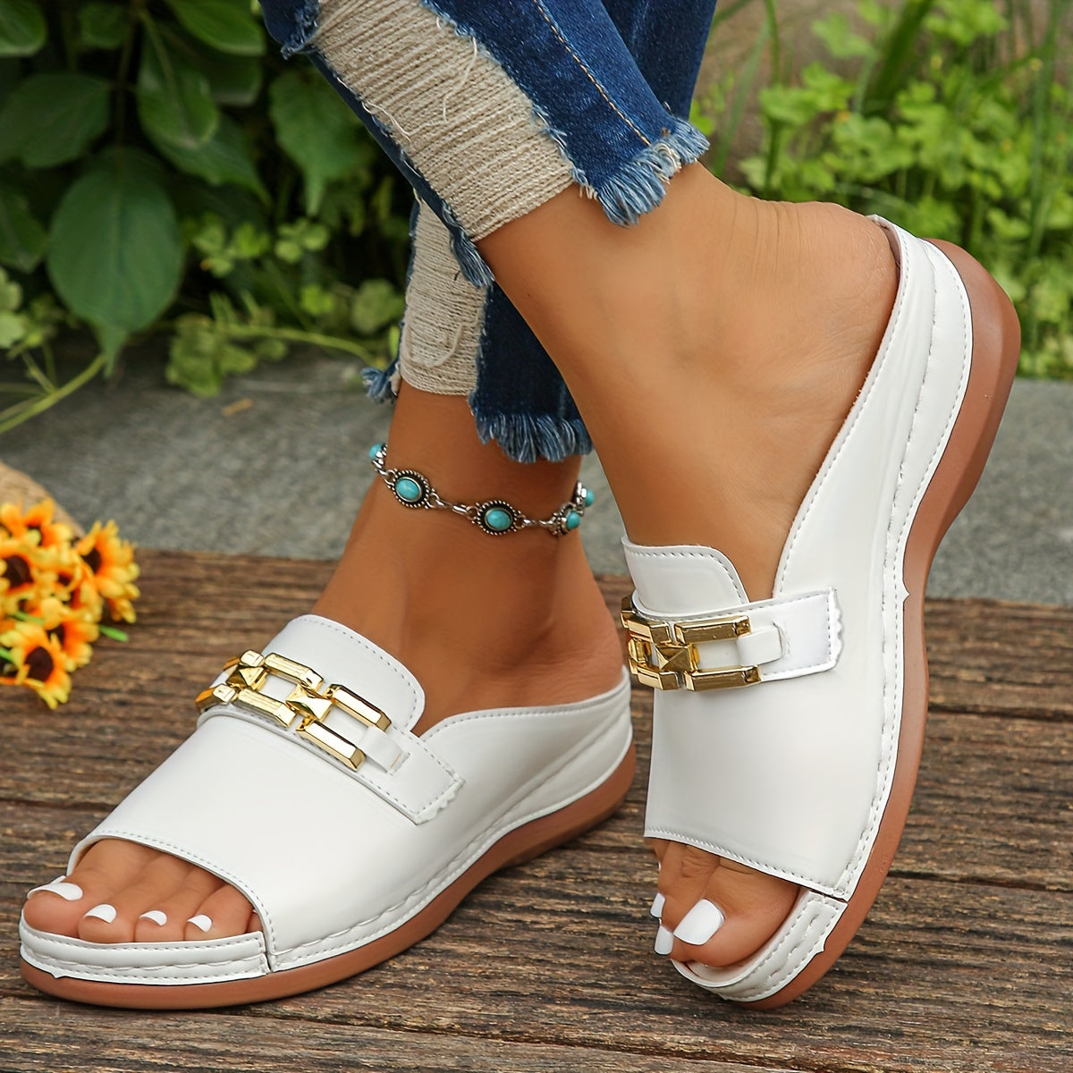 Women's Summer Slip-On Sandals with Gold Chain Detail and Open Toe
