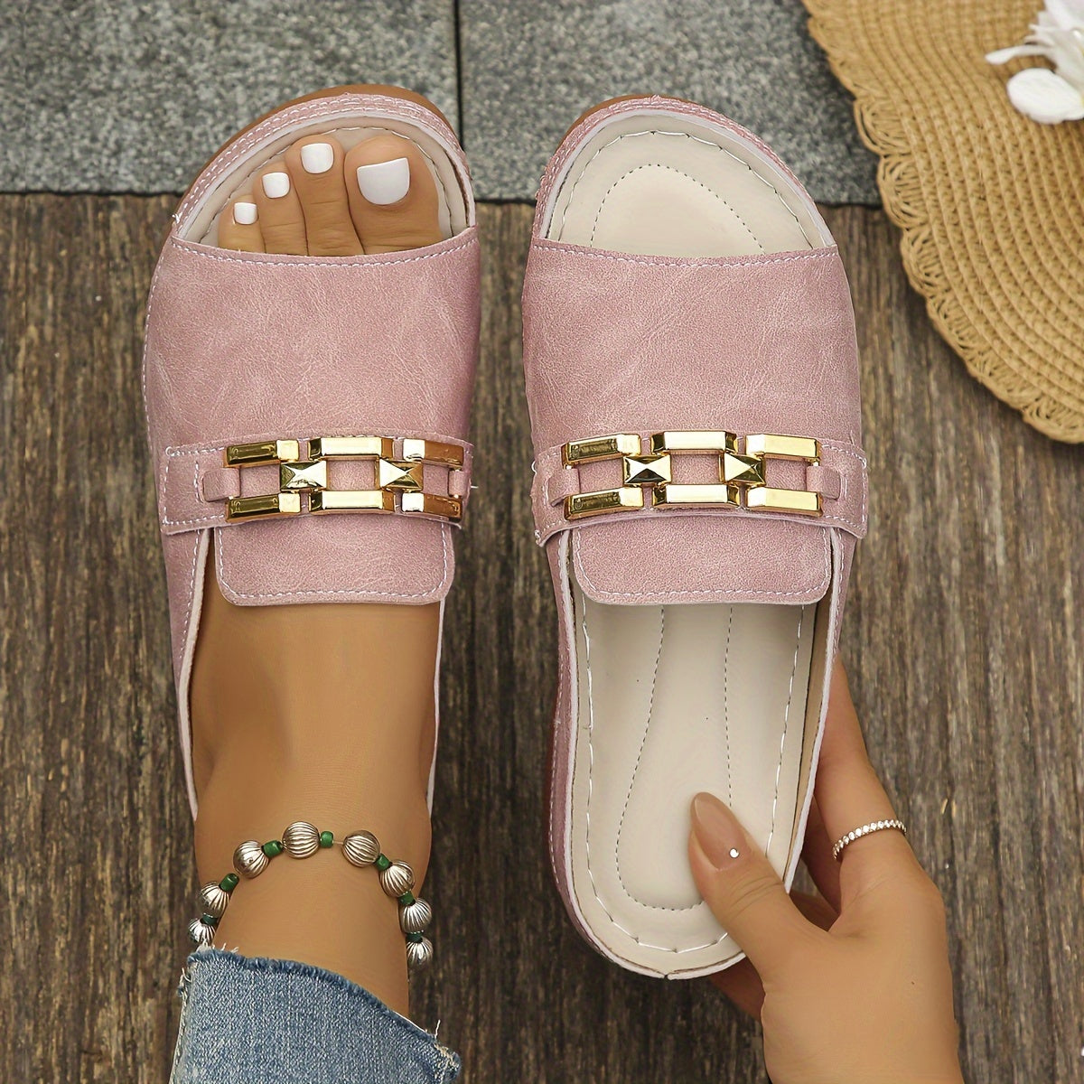 Women's Summer Slip-On Sandals with Gold Chain Detail and Open Toe