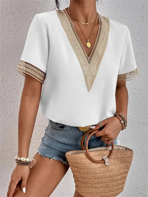 Women's Summer Guipure Lace Blouse with Short Sleeves and V-neckline