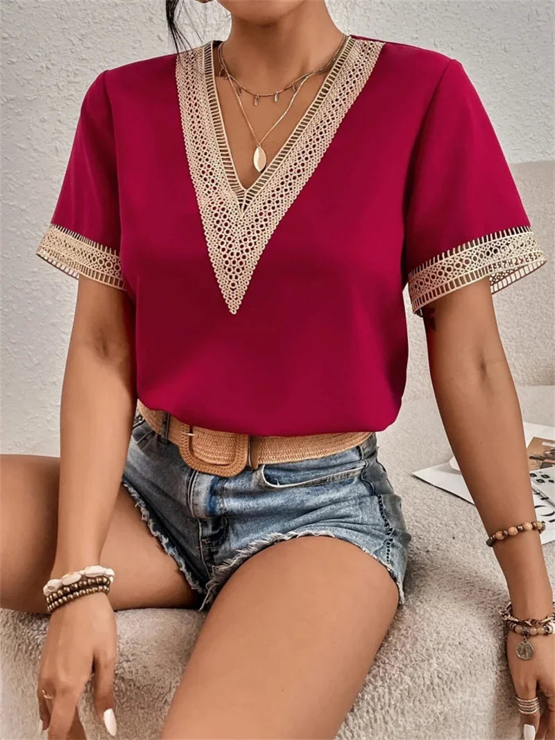 Women's Summer Guipure Lace Blouse with Short Sleeves and V-neckline